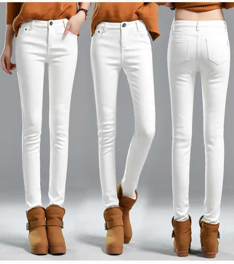 咚憬加绒加厚白色牛仔裤女小脚裤秋冬季韩版女士弹力修身保暖铅笔裤子