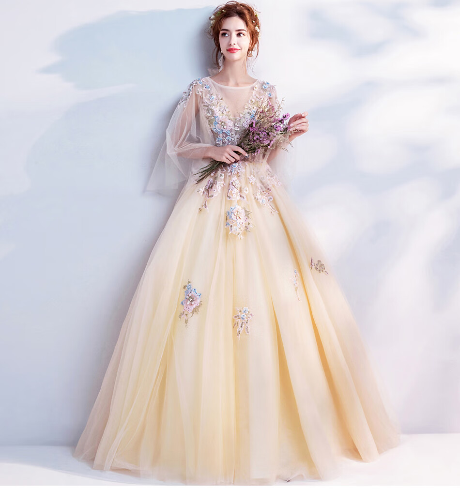 森系花朵淡金色新娘结婚敬酒服晚宴年会演出婚纱礼服 淡浅黄 xxs