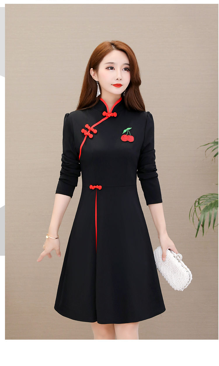 民族风旗袍连衣裙2020秋冬新款长袖大码女装修身中长款长袖a字裙 黑色