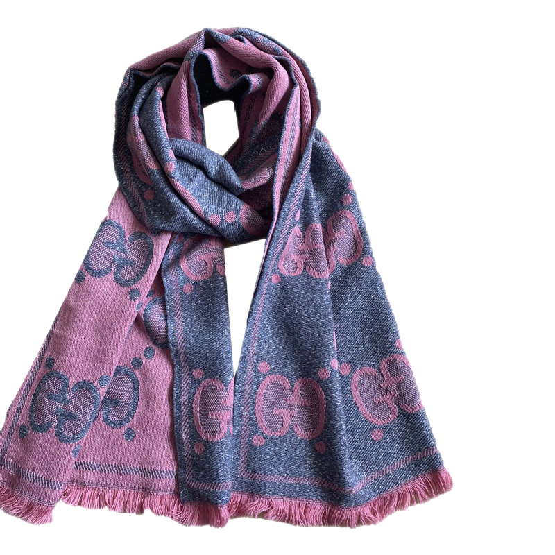gucci古琦大logo灰粉金丝围巾双面羊毛围巾拼色45195