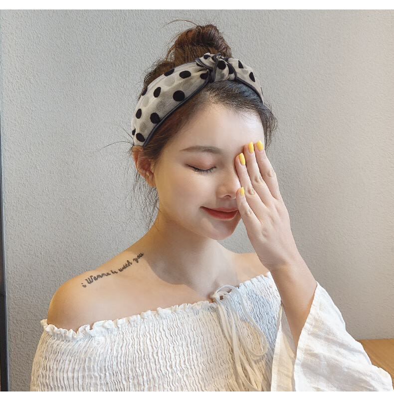 韩国网红波点发箍女百搭仙女外出发带洗脸森系头箍宽边压发卡卡其色