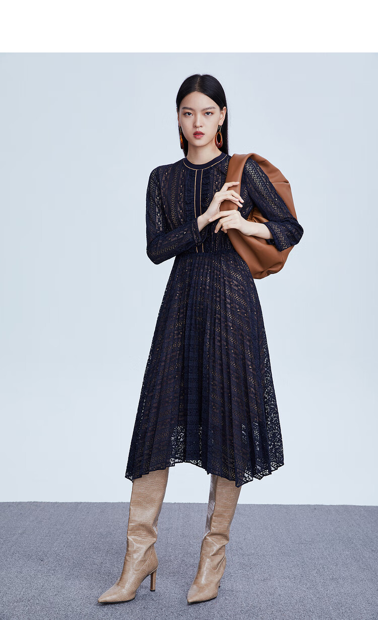 insun恩裳冬季新款木耳边圆领收腰中长款a字压褶蕾丝连衣裙 藏蓝 36/s