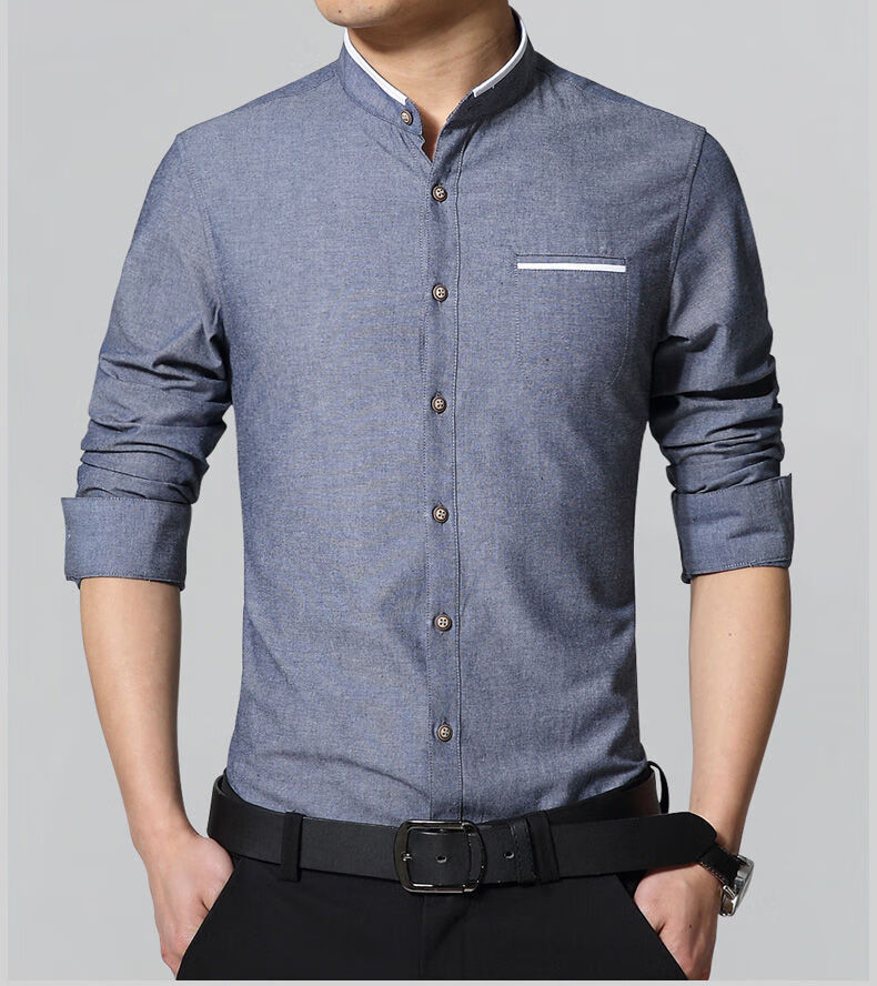 加绒立领衬衫男长袖浅色中山圆领秋冬休闲寸冬季加棉加厚保暖衬衣不加