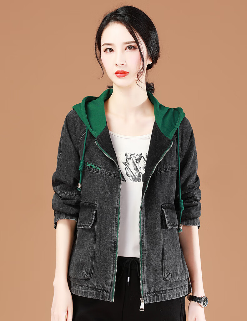 韩潮袭人夹棉连帽牛仔外套年新款女韩版宽松秋冬加厚夹克上衣绿拼黑m