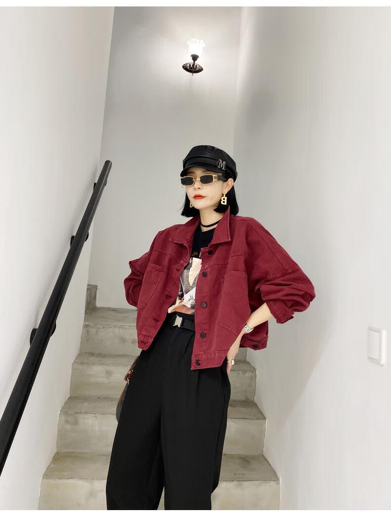 工装夹克外套女潮韩版宽松短款牛仔上衣秋季2020年新款欧洲站 红色 xl