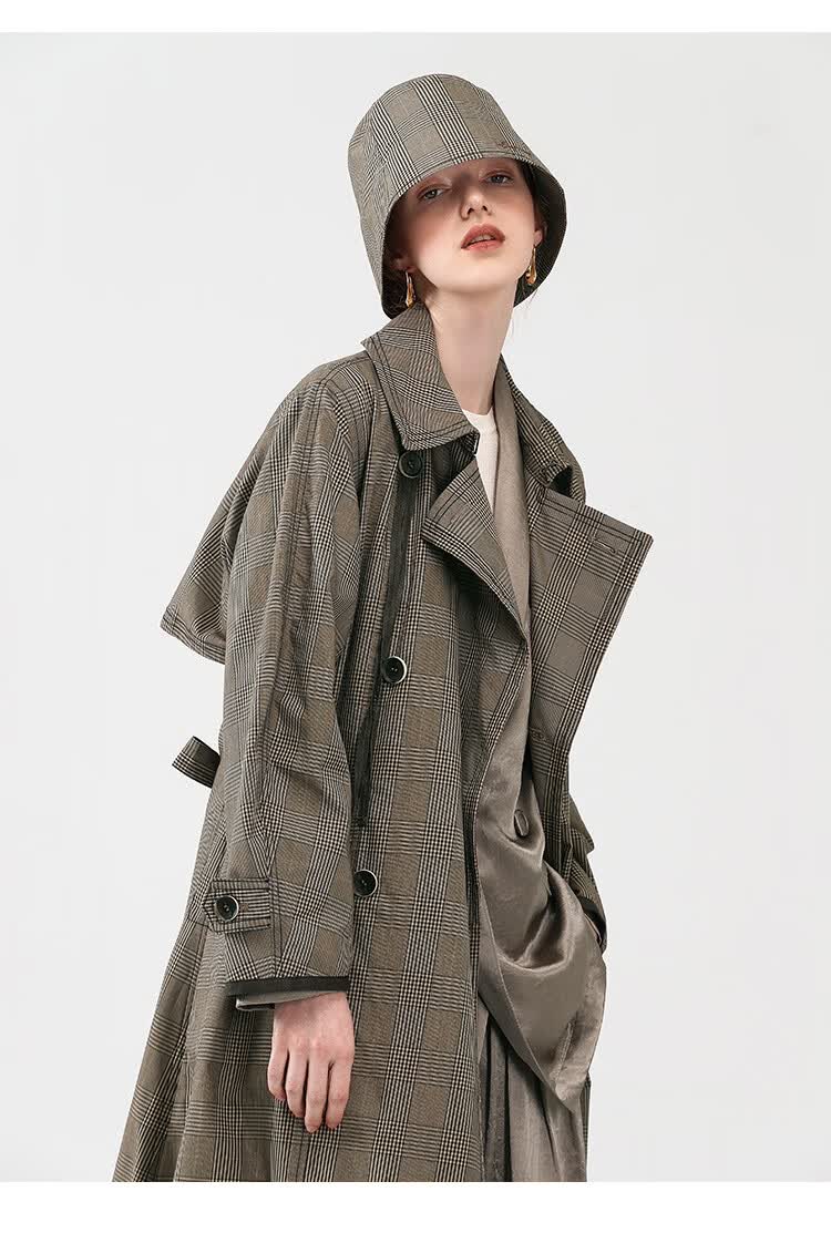 ein言文艺格纹中长款西装外套2021春季新品女复古时尚英伦风气质 深咖