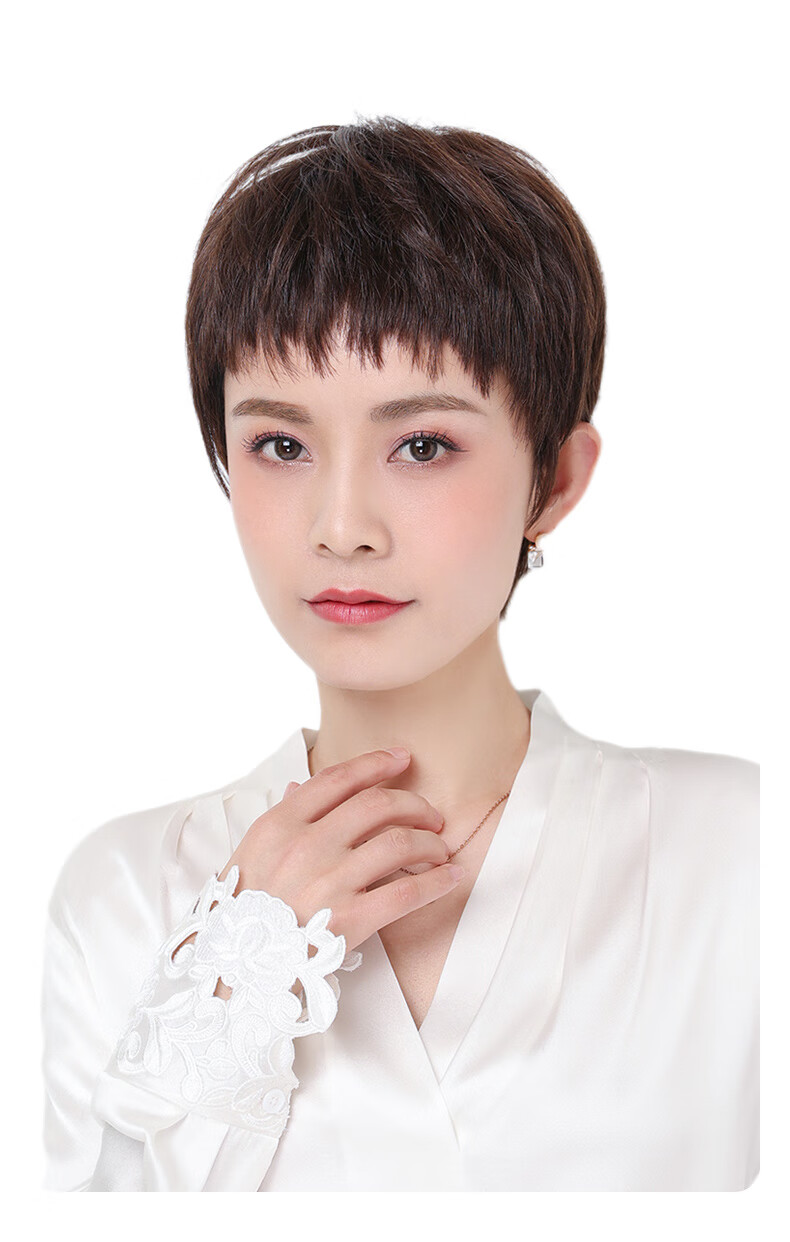 姬玛假发女短发女士短直发狗啃刘海全头套式假发真发全真人发丝深棕色