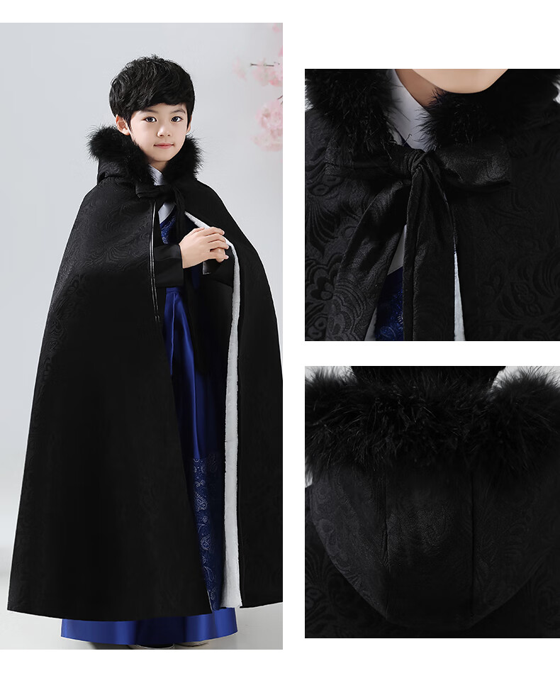 男童披风加厚冬外出斗篷古风汉服中风带帽儿童黑色加绒冬季男黑色少年