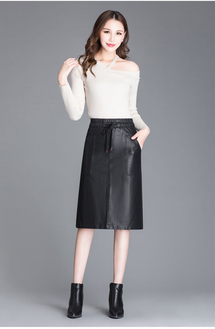 2020冬新款皮裙女高腰松紧系绳开叉中长款过膝大码字裙 黑色加绒款 s