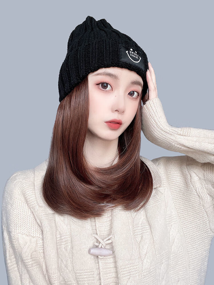 蒙倩mengqian假发帽子一体时尚网红帽子带头发针织帽锁骨发女秋冬百搭