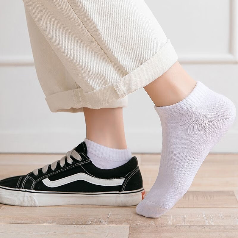 白袜男夏款短袜船袜男女运动短筒白袜子薄款透气百搭5双白色平板短筒