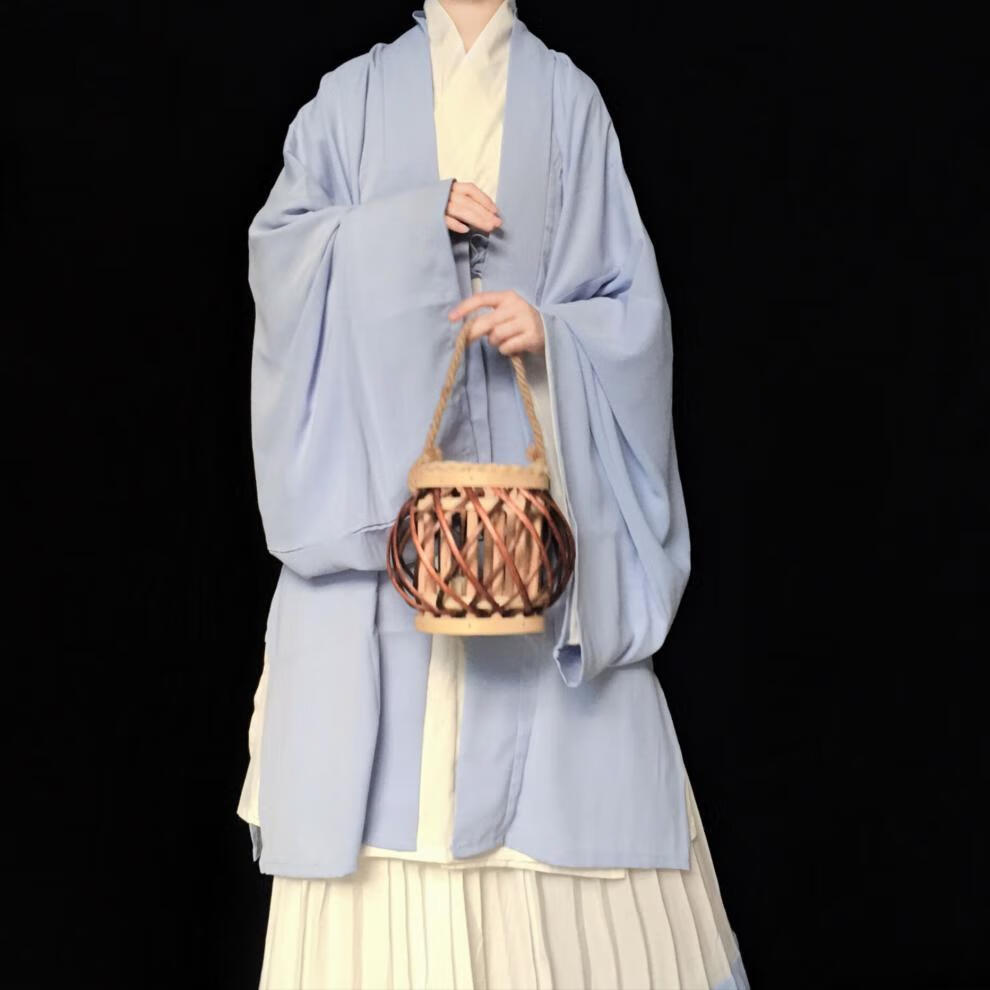 策博格汉服宋制交领对襟长衫长褙子男女三件套 烟蓝色三.