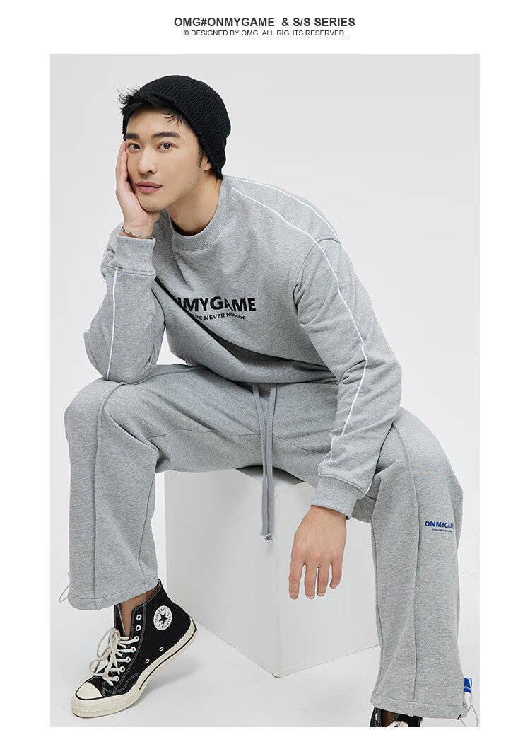 omg潮牌秋冬季印花无帽运动卫衣男宽松圆领休闲长袖美式套头衫绿色