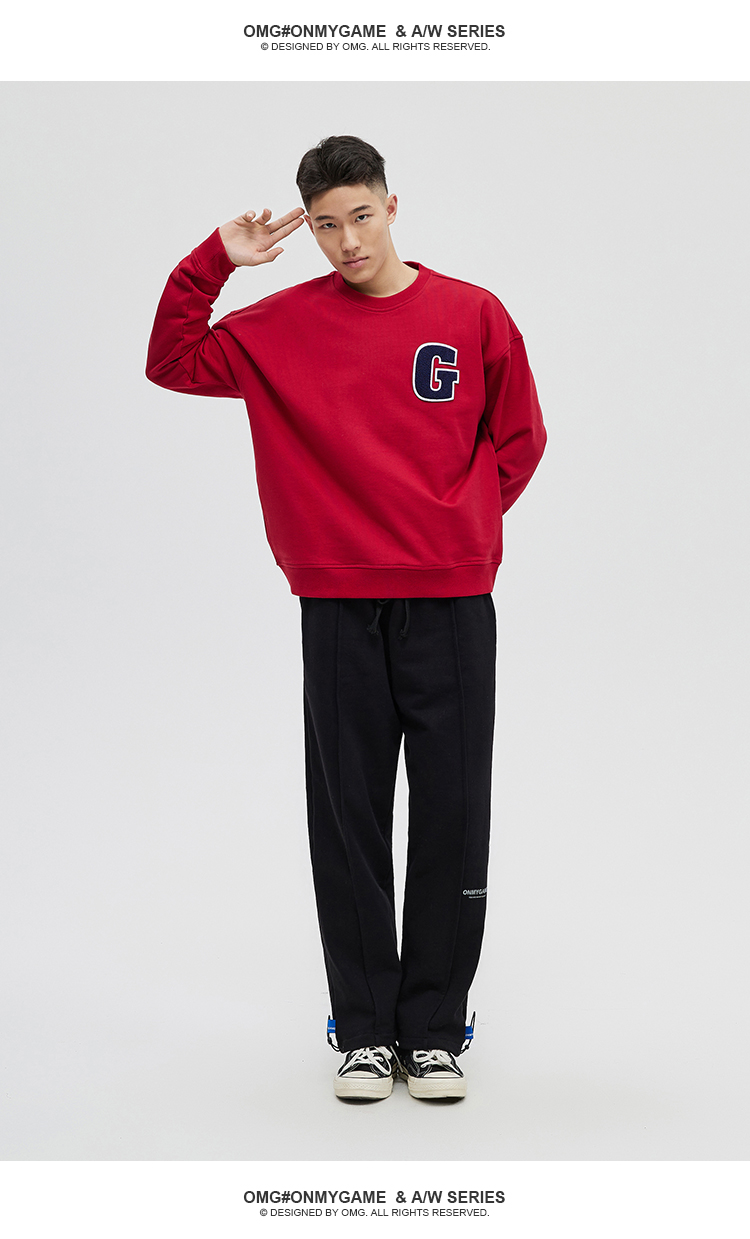omg潮牌秋冬季纯棉休闲百搭植绒套头衫男女同款圆领运动卫衣宽松红色l