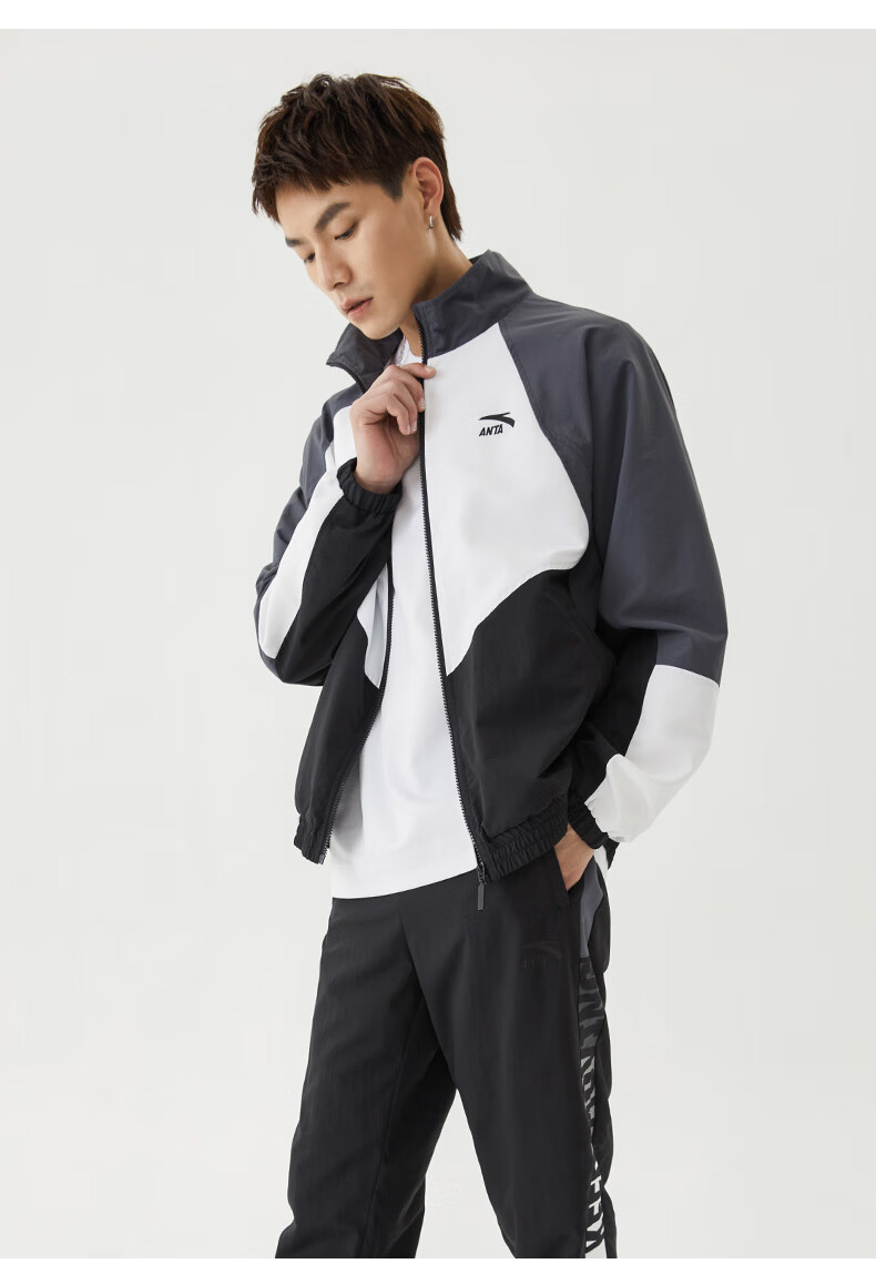 安踏男装运动外套男2021新款秋季休闲立领梭织开衫运动服上衣撞色茄克