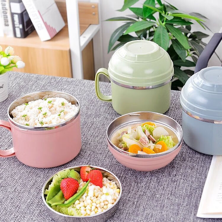 不锈钢快餐杯学生泡面碗带盖大号吃饭碗食堂成人饭盒保温碗筷套装浅雾