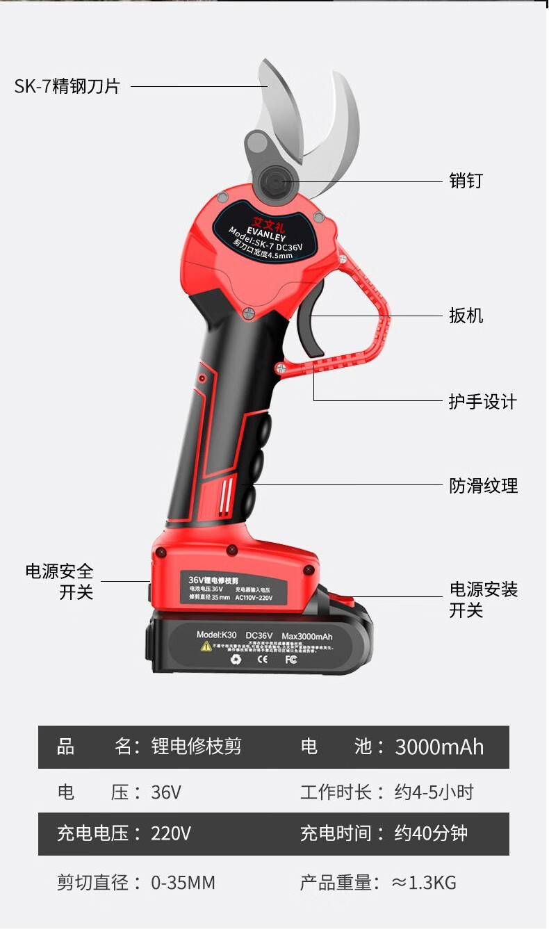 德国evanley技术电动剪刀电动修枝剪果树剪充电式园林园艺修枝剪锂