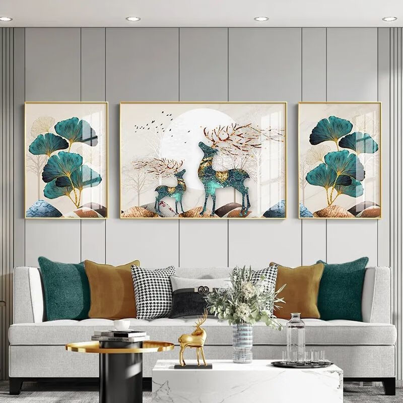 现货直发21现代轻奢客厅装饰画简约麋鹿挂画沙发背景墙三联晶瓷画北极
