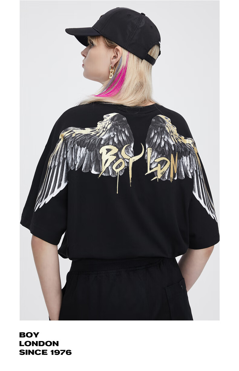 boylondon21春季新款后背水墨羽毛翅膀印花情侣t恤b211nc500402黑色l