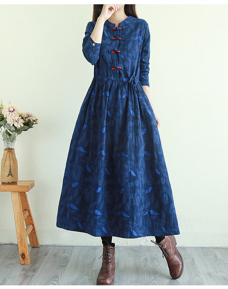 【新品好货】棉麻连衣裙秋冬款复古民族风刺绣秋冬季长款料盘扣长裙子