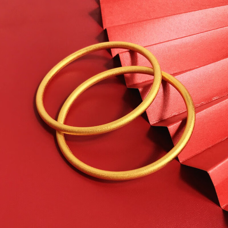 圣手天华镀黄金古法传承手镯女手饰品新娘结婚素圈龙凤喷砂手环 一对