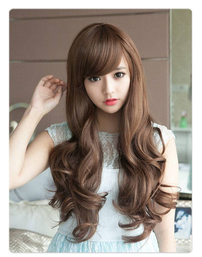 假发女士长卷发空气齐斜刘海大波浪全头套式自然修圆脸仿真梨花头 深
