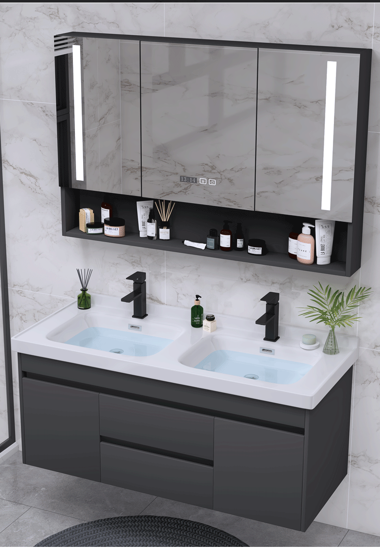 双盆浴室柜1米4一米5陶瓷一体盆洗手盆柜组合定制洗脸盆柜100陶瓷双盆