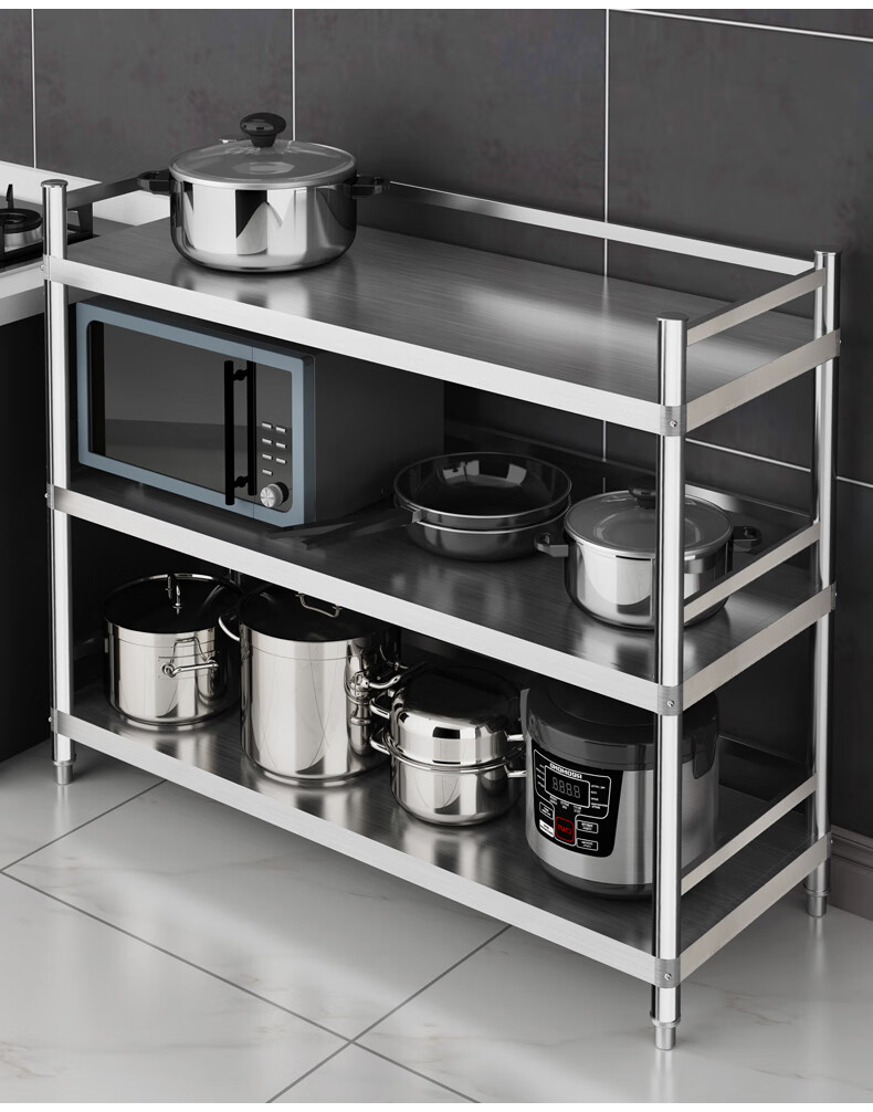 不锈钢厨房置物架落地层架收纳架微波炉烤箱储物架子带围栏 特厚宽30