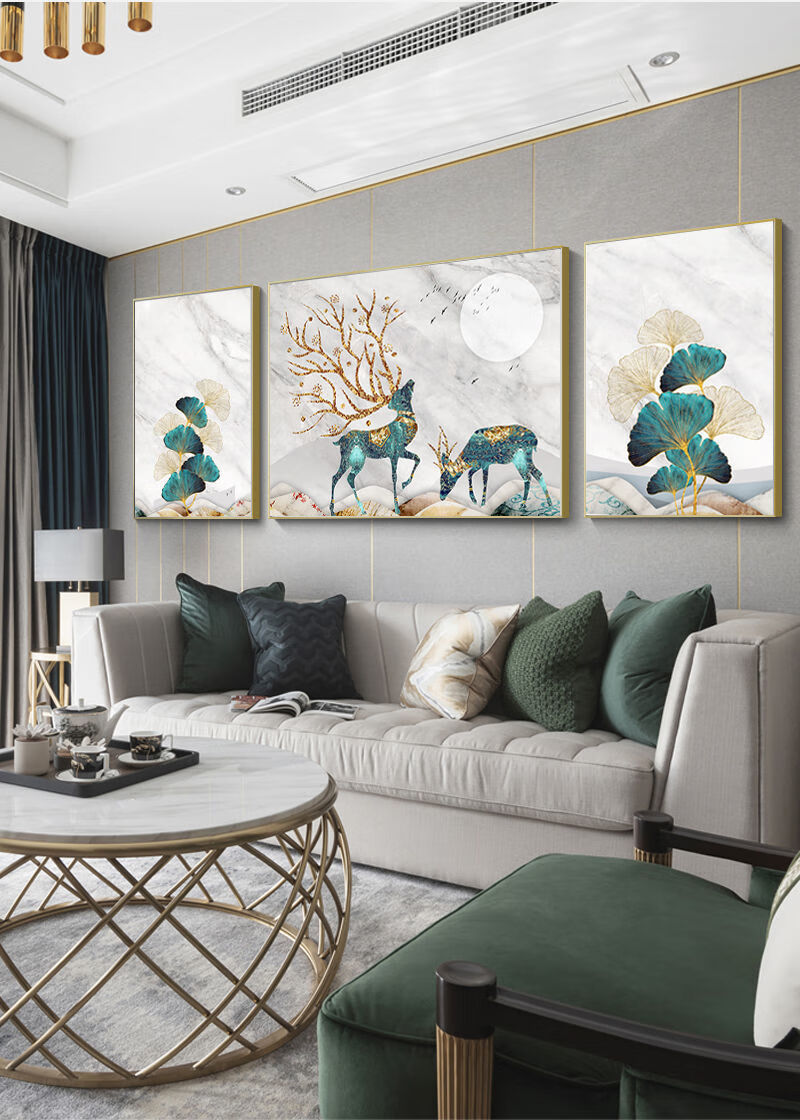 精选直发三联装饰画麋鹿客厅现代简约轻奢卧室玄关挂画北极象吉祥福鹿