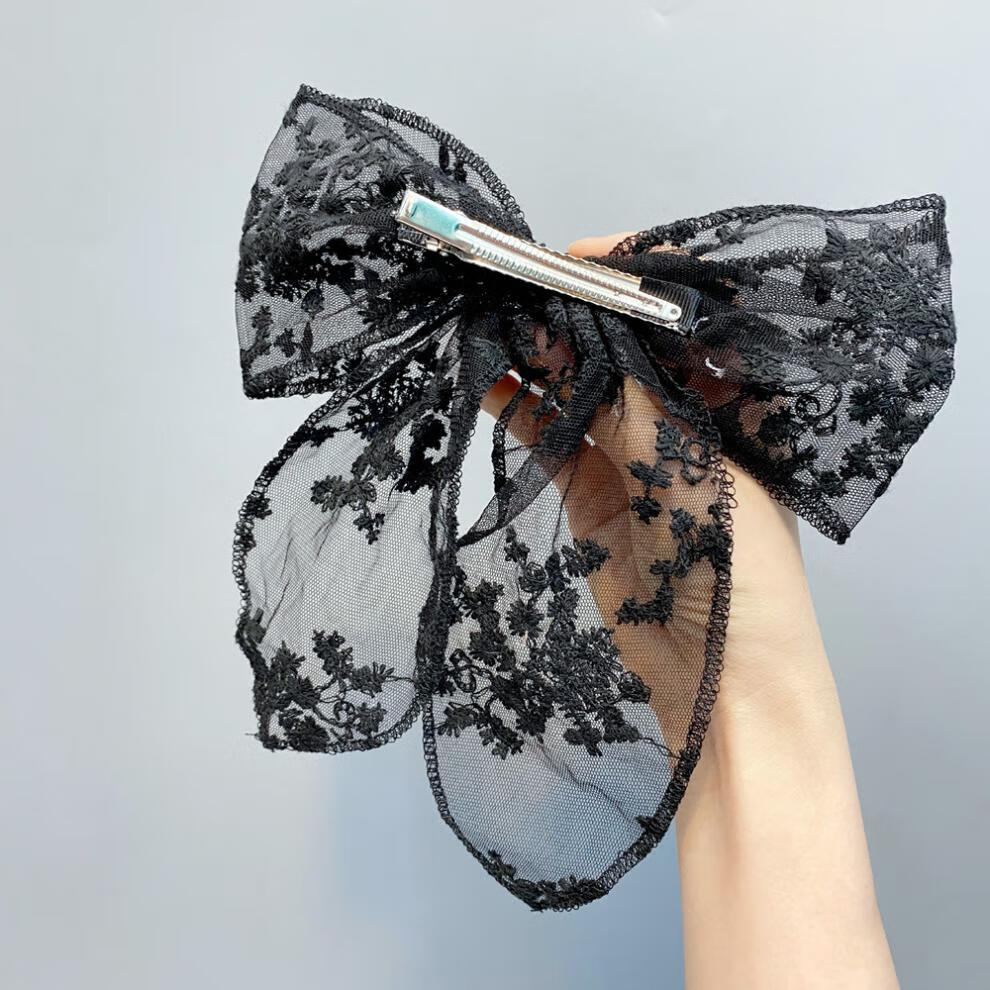 oeing 百搭黑白蕾丝蝴蝶结发夹纯手工重工锁边度假风小清新鸭嘴夹女