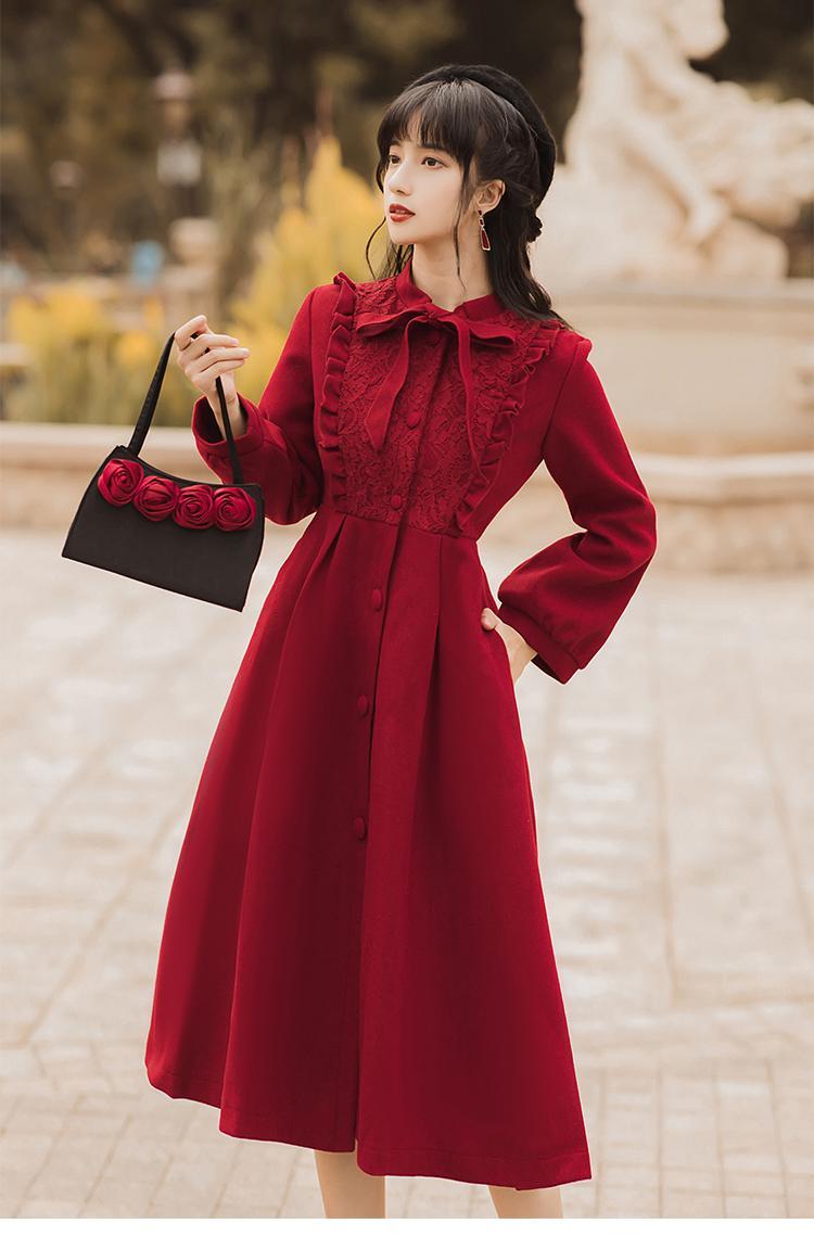 冬季加厚打底连衣裙女2021法式复古红色毛呢连衣裙女秋冬新款加厚小众