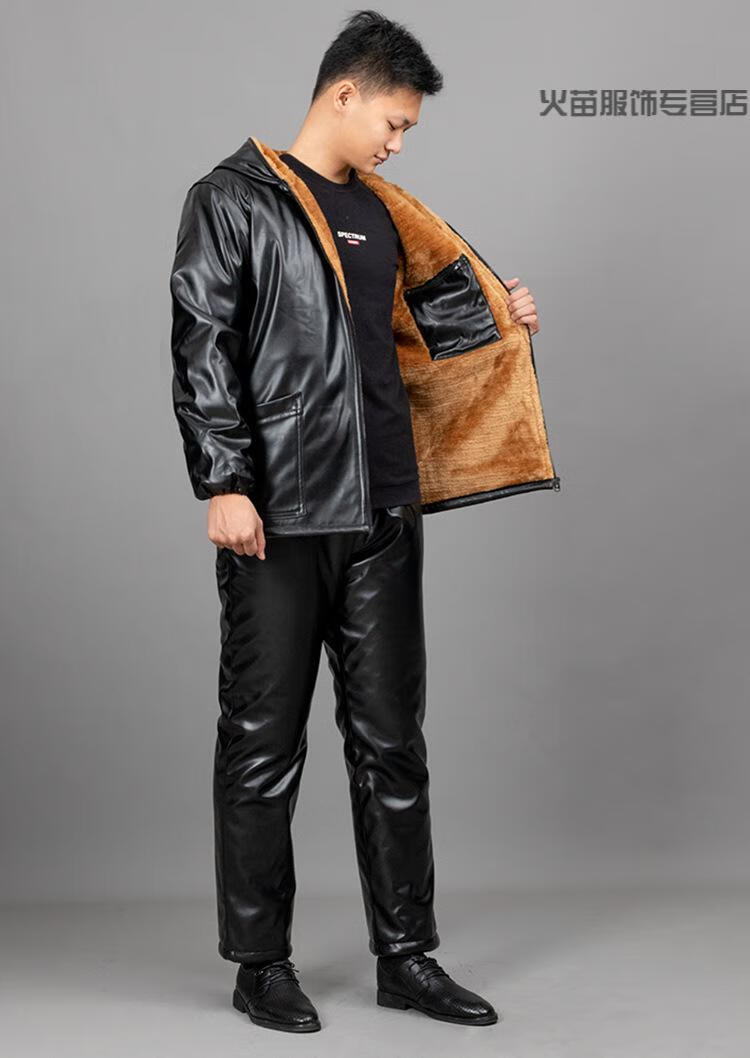 防水加绒皮衣男带帽加绒加厚黄金绒皮衣皮裤套装男外卖机车防风单皮薄