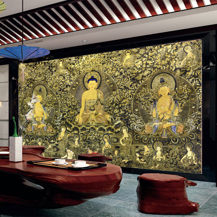 佛堂背景墙布唐卡三世佛图墙纸藏式佛堂大型壁画电视沙发背景壁纸客厅
