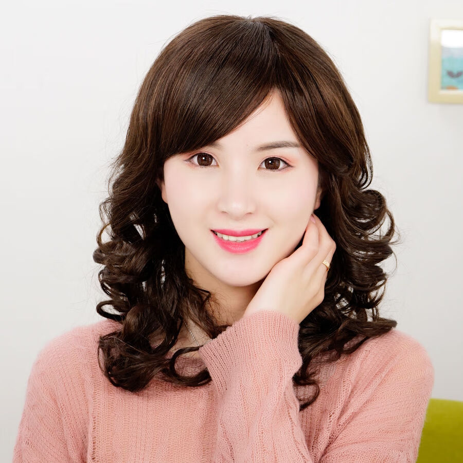 假发女长发长卷发斜刘海逼真自然全头套式中年妈妈卷发头套 哑光高温