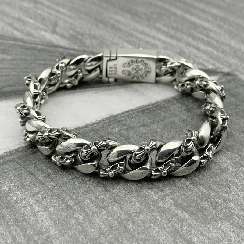 欧凯伦925银ch克罗心个性十字花手链男女欧美复古十字架泰银手链10mm