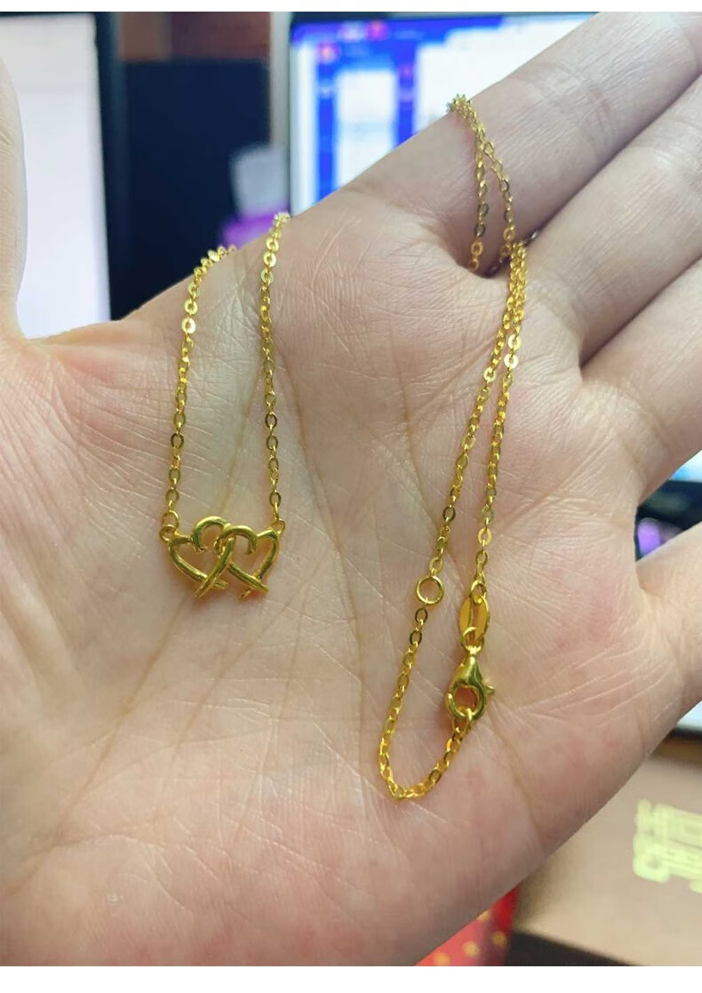 老凤凰黄金爱心项链女款金项链双心套链足金999爱心吊坠坠子5g工艺送
