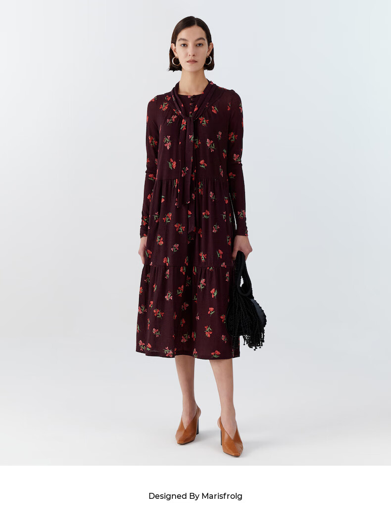 marisfrolg玛丝菲尔2021冬季新款绵羊毛中长款长袖印花连衣裙花色s