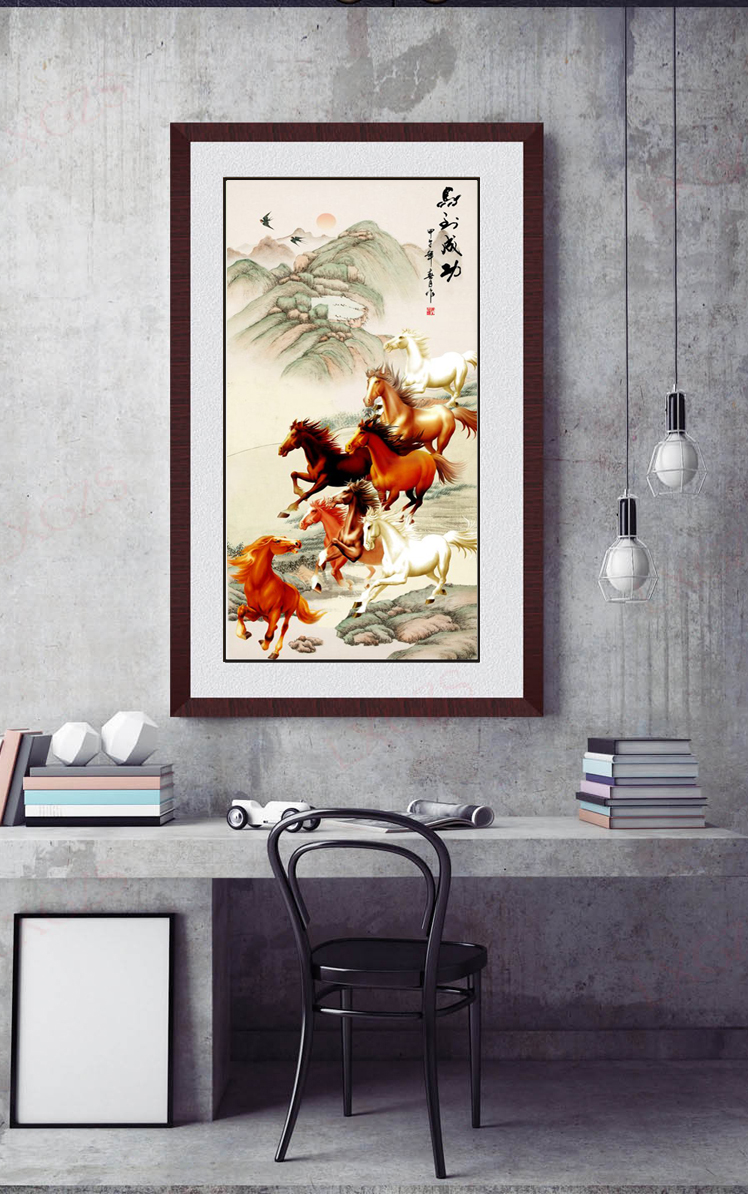 马到成功挂画客厅八骏图入户玄关装饰画竖版国画万马奔腾画客厅八马图