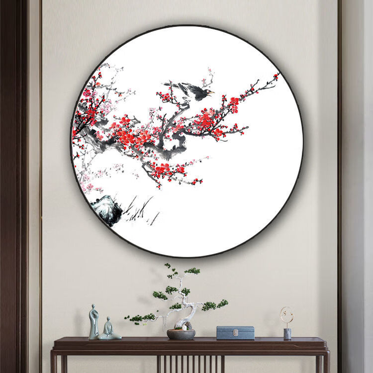 圆形画中国风工笔家和花鸟梅花国画喜上眉梢装饰画挂画玄关壁画j06