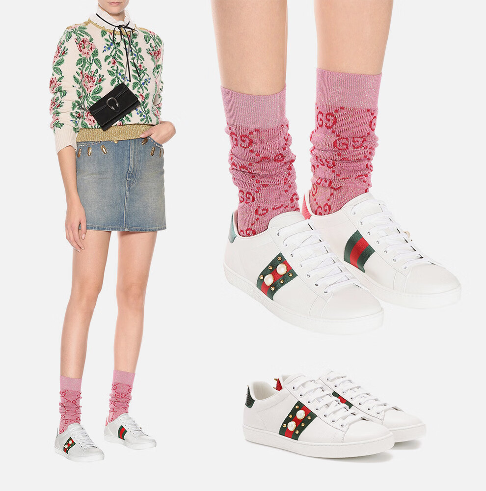 gucci古驰女鞋小白鞋珍珠铆钉装饰平底休闲运动板鞋代购 431887-02jp0