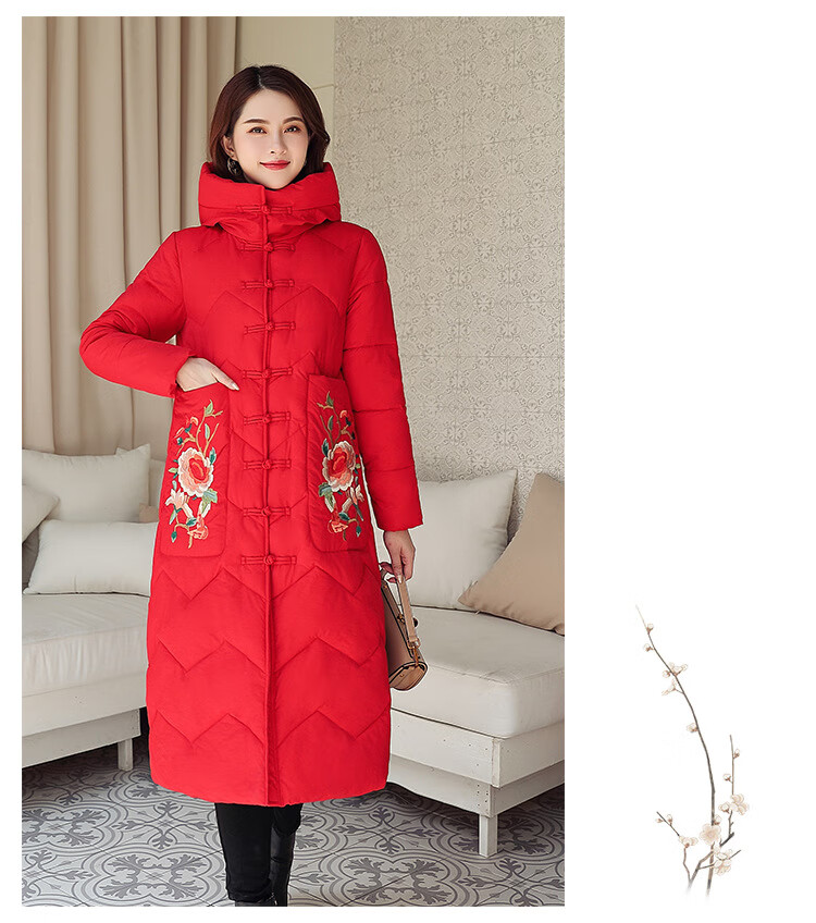 款羽绒服过膝盖拉链冬季唐装民族风中国风膝棉服加厚棉衣旗袍外套勤