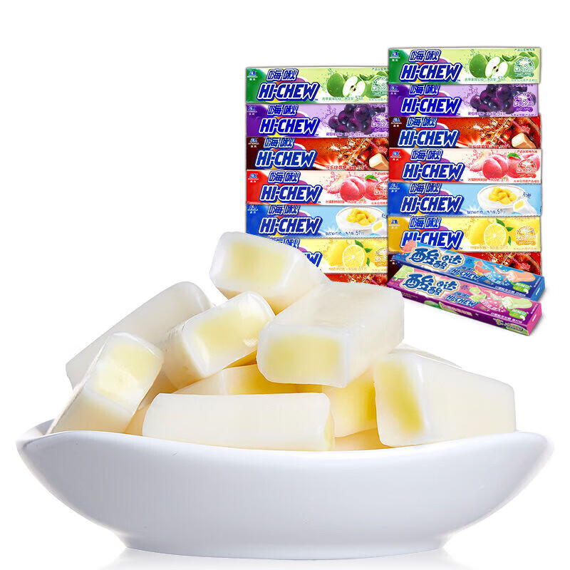 hig57g森永hichew嗨啾香口软糖水果糖七味儿童休闲零食喜糖可乐味57g3