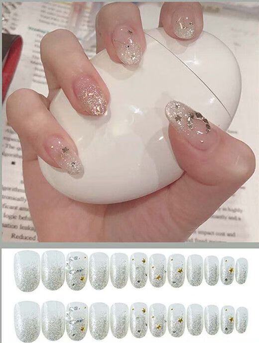 直发美甲贴片假指甲可拆卸穿戴甲学生美甲成品新娘带钻贴显白指甲亮片