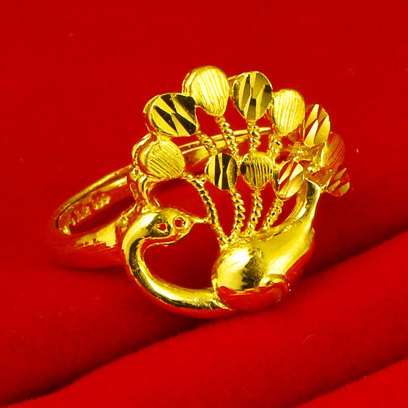 老凤凰黄金戒指9999足金女款足真金凤凰孔雀开屏苹果小天鹅喇叭花朵素