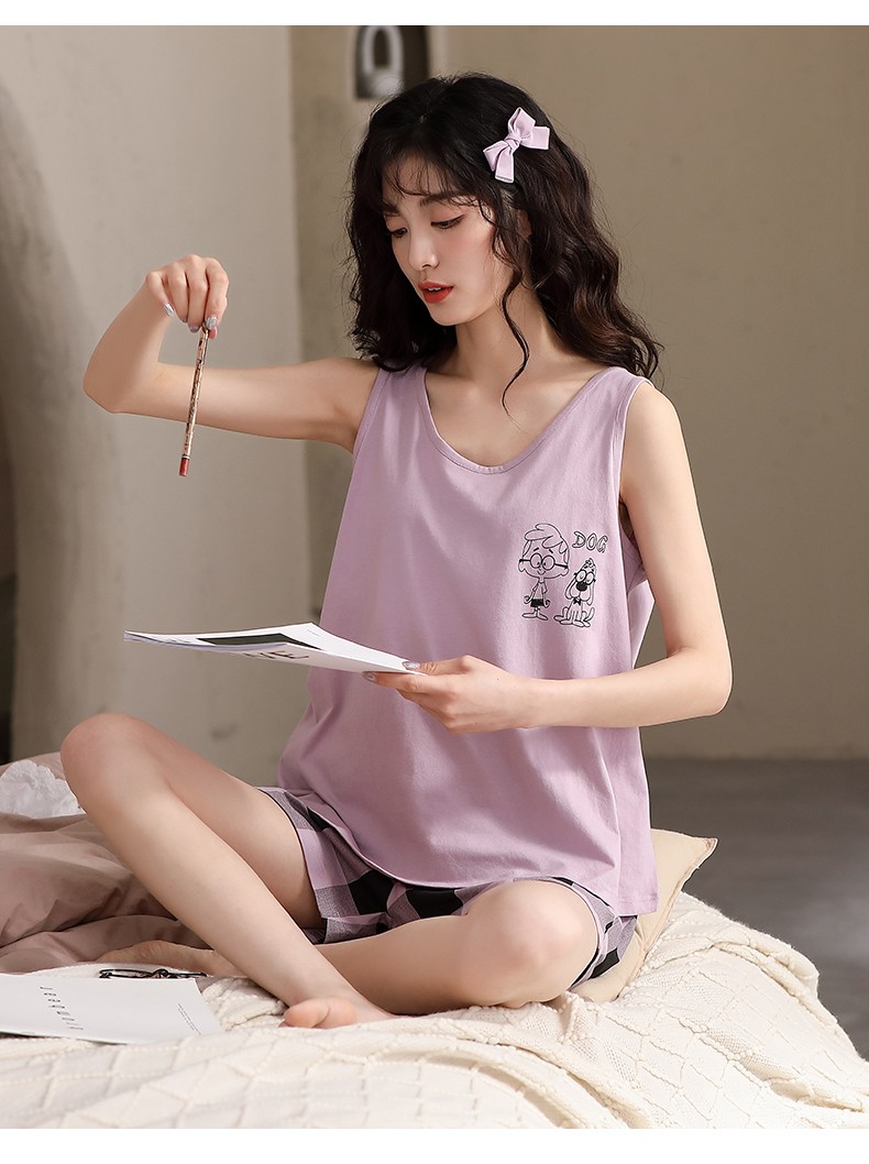 昕周哥背心睡衣女夏圆领短袖套装家居服休闲风舒适女士睡衣 款式1粉色