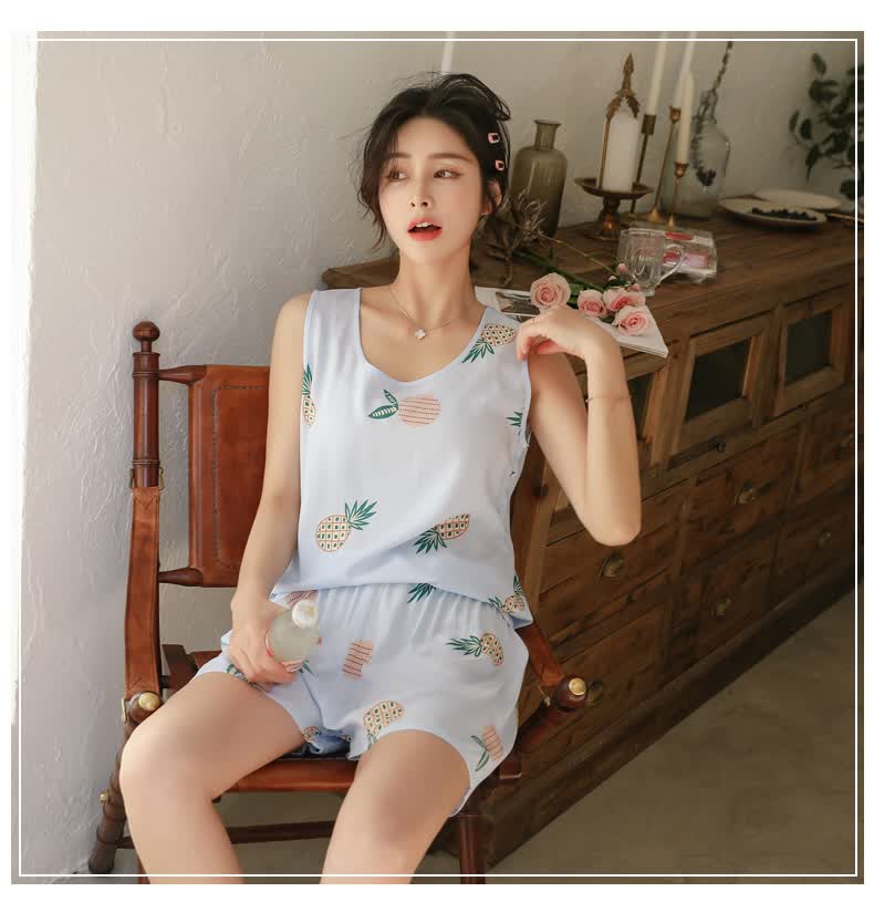女士夏季短袖棉绸睡衣套装背心短裤绵绸家居服人造棉无袖大码gy8022