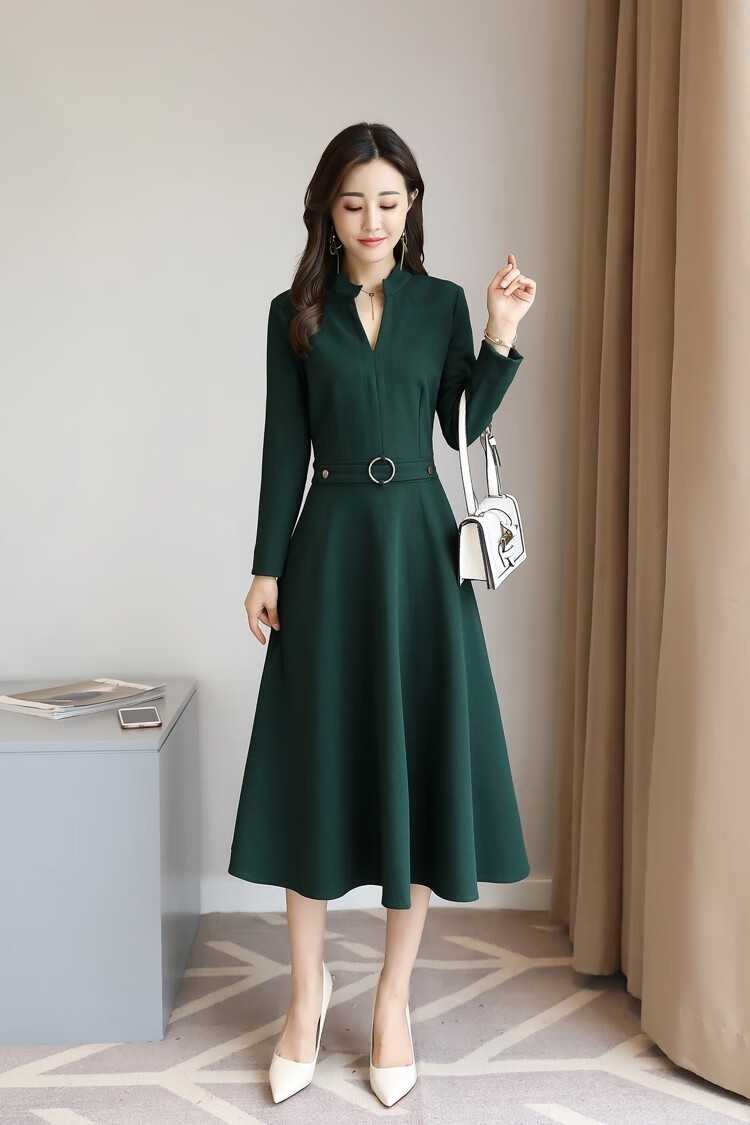 春秋新款v领纯色连衣裙女长袖韩版修身时尚2021秋冬新款中长款显瘦中