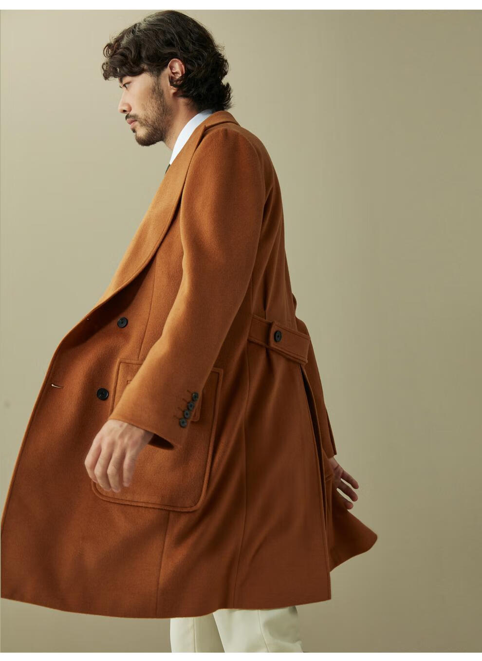 hany金棕羊绒马球大衣男双排扣羊毛高端商务休闲毛呢长款男士外套