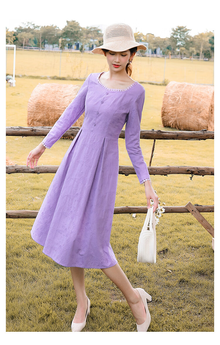 勿忘花纯棉紫色连衣裙女新款春季方领提花长袖修身遮肚长裙 紫色 m