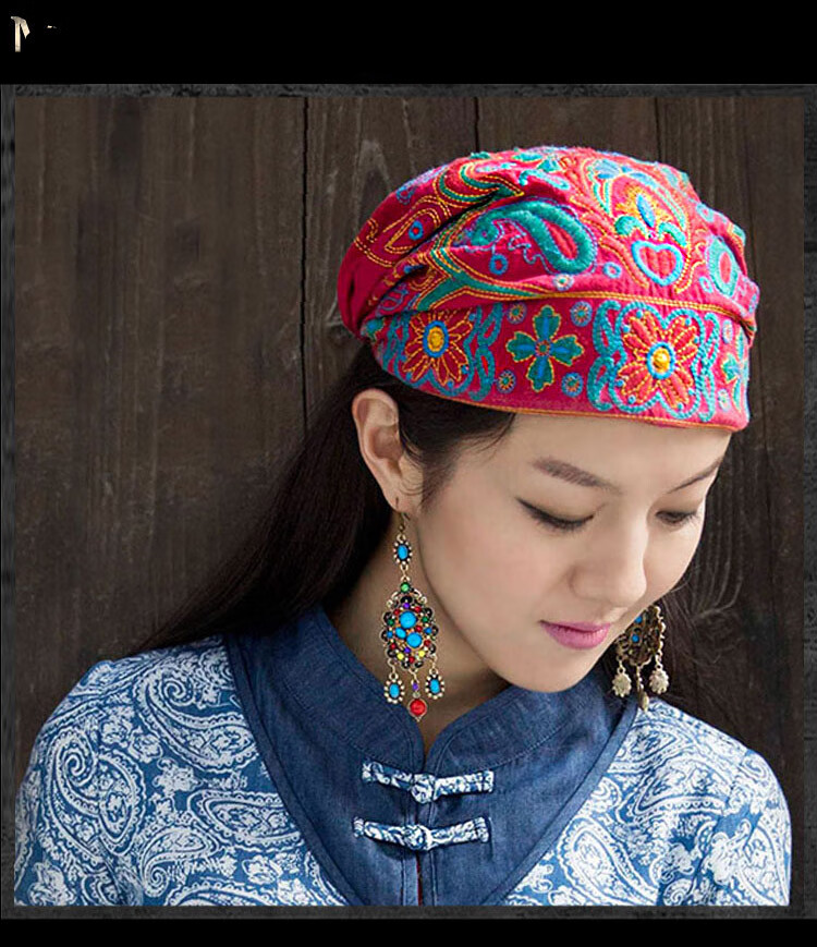 少数民族风女式太阳帽民族风四季复古休闲刺绣花头巾帽红色女士薄款